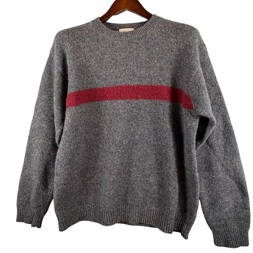 J Crew 100% Wool Gray Red Stripe Crewneck Sweater Mens L L Preppy Classic FLAW